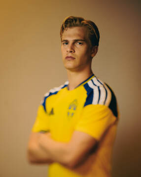 Lucas Bergvall of the Swedish national football team poses