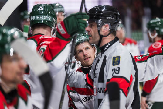 Frölundas Max Friberg och domare Richard Magnusson