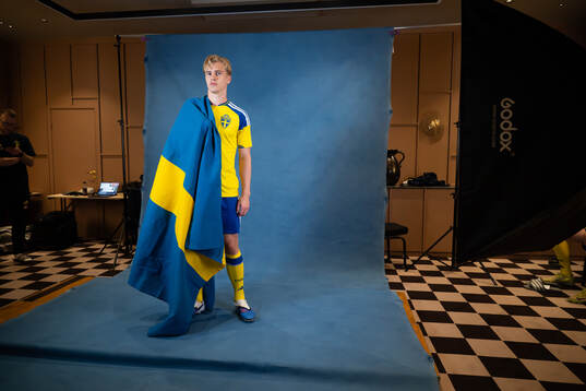 Lucas Bergvall of the Swedish national football team poses