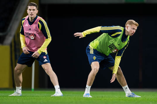 Viktor Gyökeres and Hugo Larsson of the Swedish national