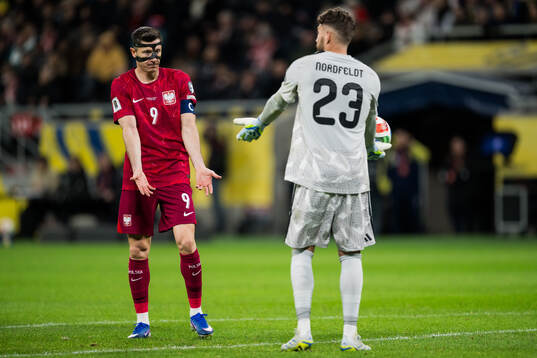 Robert Lewandowski of Poland and goalkeeper Kristoffer