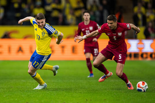 Viktor Gyökeres of Sweden and Jan Bednarek of Poland