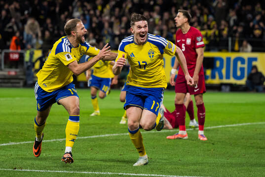 Viktor Gyökeres and Gustav Lundgren of Sweden celebrates