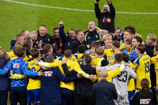 Head coach Graham Potter and players of Sweden celebrate