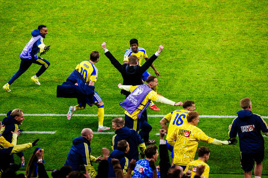 Players and head coach Graham Potter of Sweden celebrates