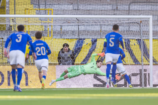 Goalkeeper Elis Bishesari of Sweden sees the ball go in to