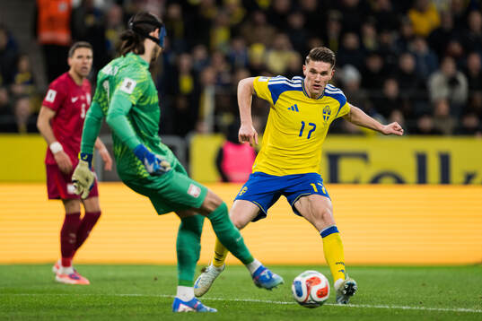 Goalkeeper Kamil Grabara of Poland and Viktor Gyökeres of