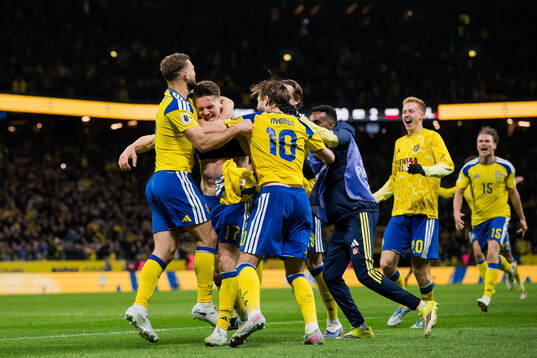 Viktor Gyökeres and Benjamin Nygren of Sweden celebrate