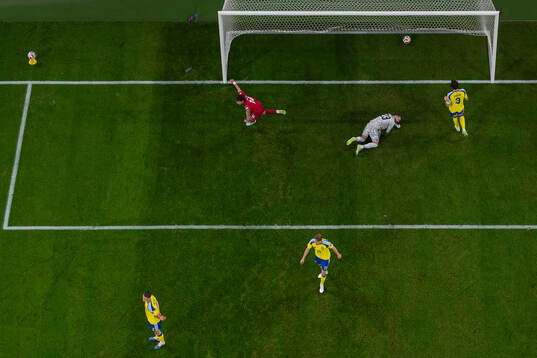 Goalkeeper Kristoffer Nordfeldt of Sweden lets in the 1-1
