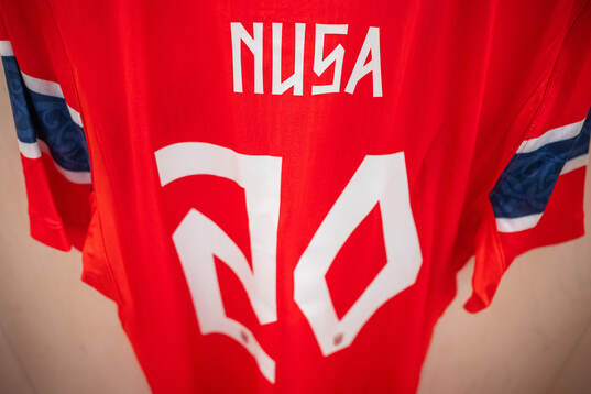 The kit of Antonio Nusa of Norway in the dressing room