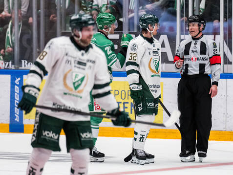 Domare Tobias Björk i samtal med Rögles Anton Bengtsson