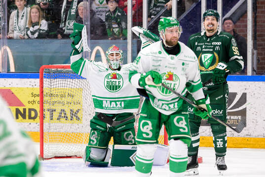 Rögles målvakt Arvid Holm jublar och Färjestads David