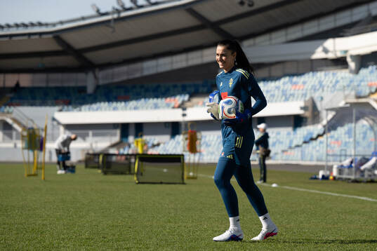 Goalkeeper Zecira Musovic  of Sweden at a training session
