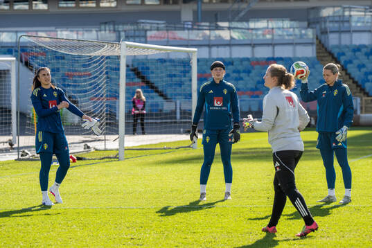Goalkeepers Zecira Musovic, Tove Enblom and Jennifer Falk