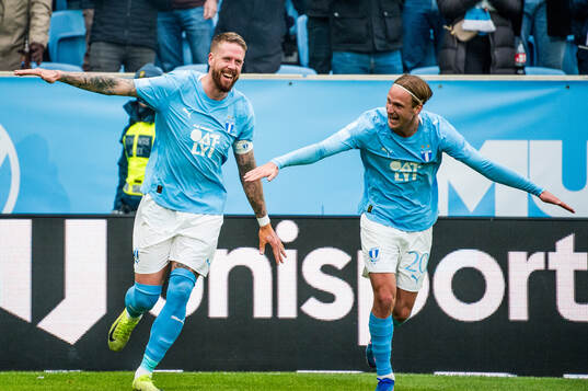 Malmö FFs Pontus Jansson jublar bredvid Erik Botheim