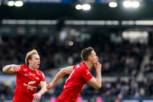 Joachim Soltvedt of Brann celebrates with teammate Markus
