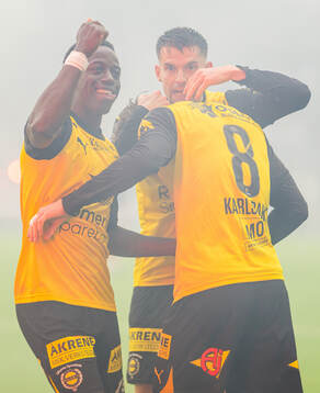 Markus Karlsbakk of Lillestrøm celebrates with teammates