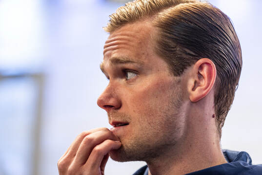 Djurgårdens Hampus Finndell i mixade zonen