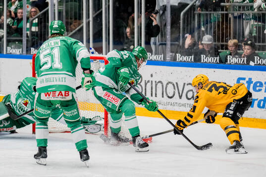 Skellefteås Zeb Forsfjäll och Rögles målvakt Arvid Holm
