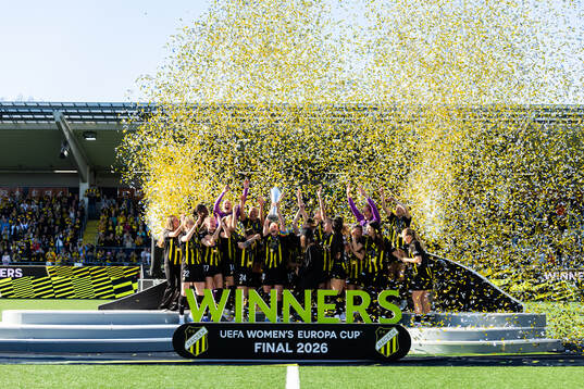 Players of Häcken celebrate with the trophy