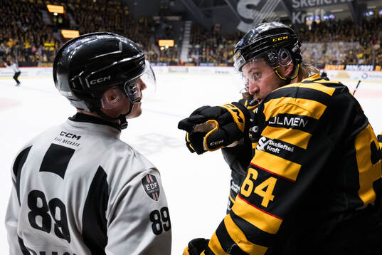 Linjedomare Gustav Jonsson och Skellefteås Jonathan Pudas