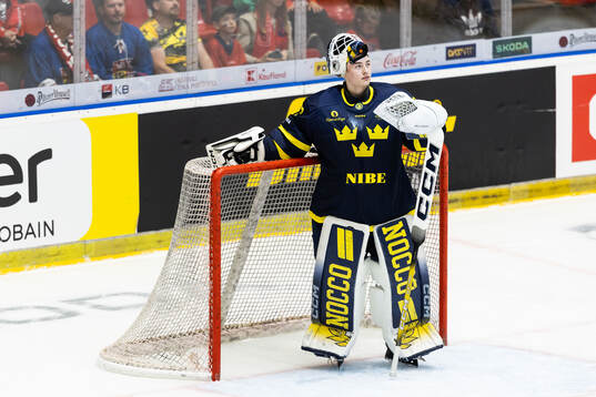 Goaltender Love Härenstam of Sweden looks dejected