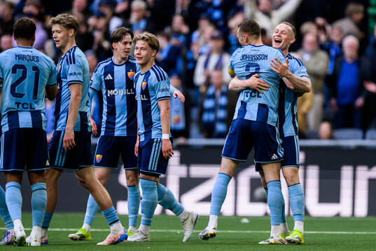Djurgårdens Kristian Lien och Piotr Johansson jublar