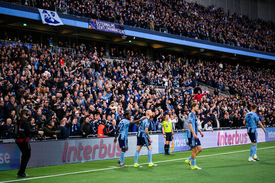 Djurgårdens Joel Asoro, Adam Ståhl och Miro Tenho jublar