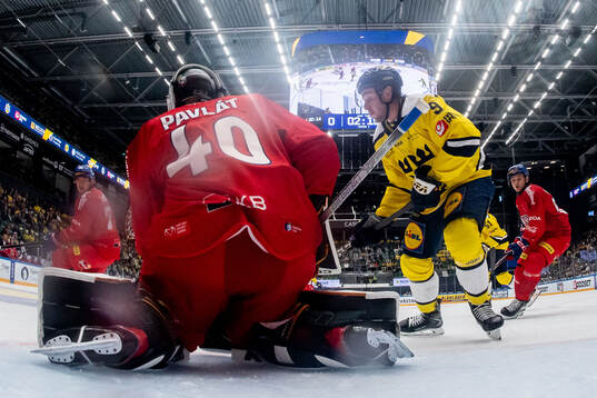 Linus Karlsson of Sweden and goaltender Dominik Pavlat of