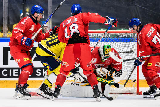 André Petersson of Sweden and goaltender Dominik Pavlat of