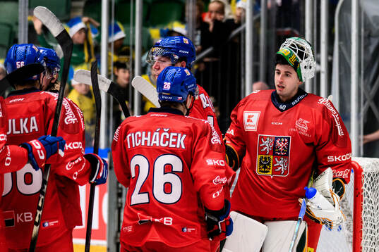 Goaltender Dominik Pavlat of Czech Republic celebrating