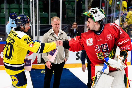 André Petersson of Sweden and goaltender Dominik Pavlat of