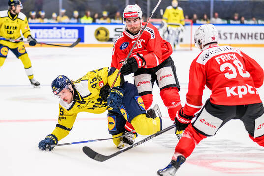 Jacob De La Rose of Sweden and Timo Meier of Switzerland