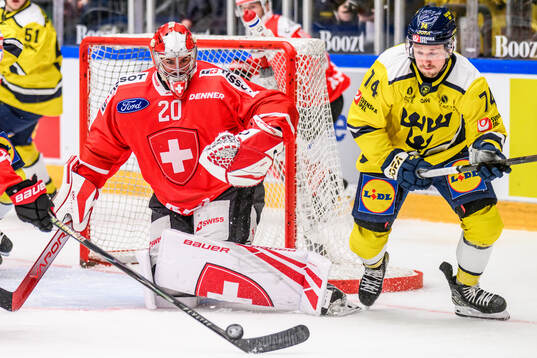Goaltender Reto Berra of Schweiz and Rasmus Asplund of