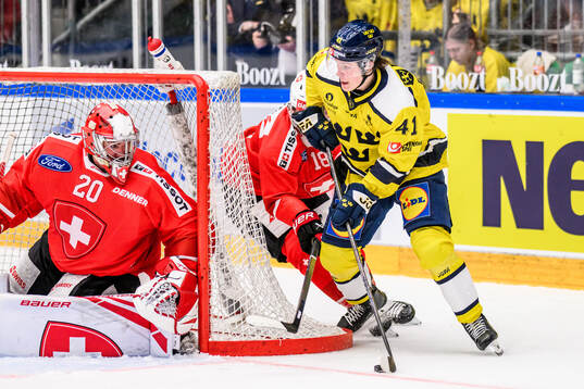 Goaltender Reto Berra of Schweiz and Ivar Stenberg of Sweden