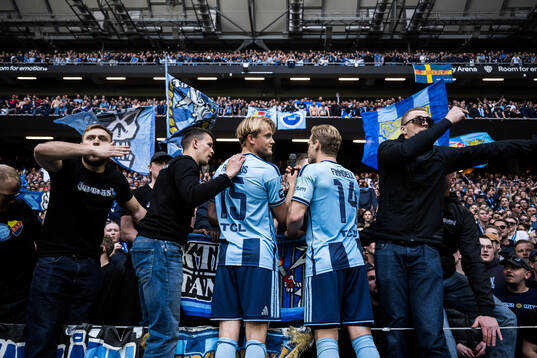 Djurgårdens Oskar Fallenius och Hampus Finndell jublar
