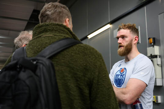 Mattias Ekholm of Sweden speaks to media