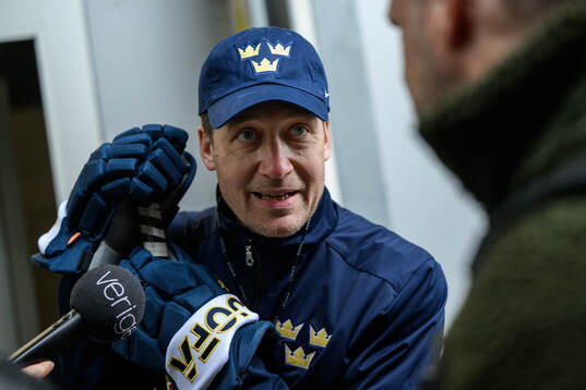 Head coach Sam Hallam of Sweden speaks to media