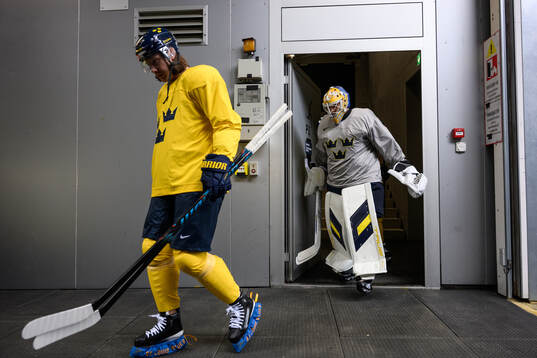Oscar Sundqvist and goaltender Arvid Söderblom of Sweden