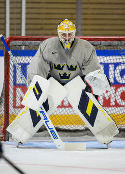 goaltender Arvid Söderblom of Sweden at a practice session