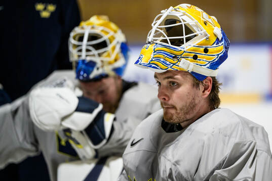 goaltender Arvid Söderblom of Sweden at a practice session