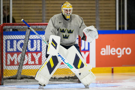 goaltender Arvid Söderblom of Sweden at a practice session