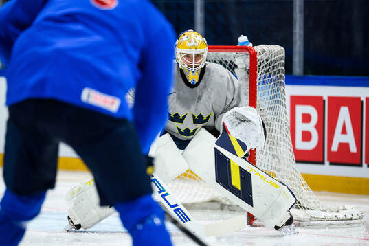 goaltender Arvid Söderblom of Sweden at a practice session