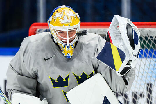 goaltender Arvid Söderblom of Sweden at a practice session