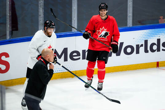 Connor Brown and Dylan Cozens of Canada at a practice