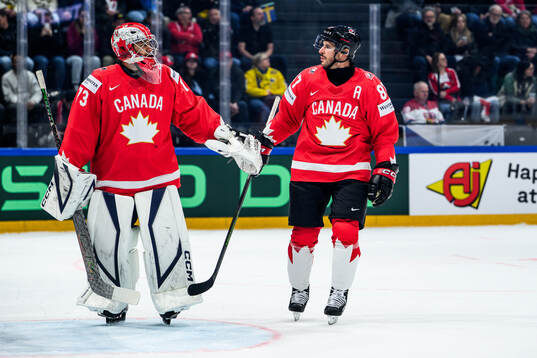 Goaltender Jet Greaves and Sidney Crosby of Canada