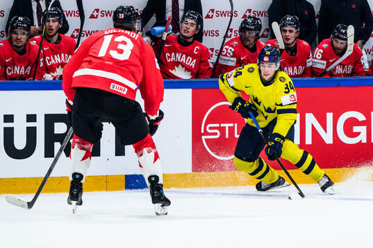 Gabriel Vilardi of Canada and Albert Johansson of Sweden