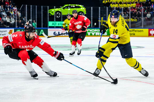 Dylan Demelo of Canada and Mattias Ekholm of Sweden