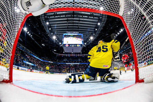 Goaltender Magnus Hellberg of Sweden concedes 4-3
