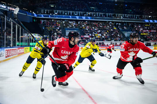 Evan Bouchard and Parker Wotherspoon of Canada against